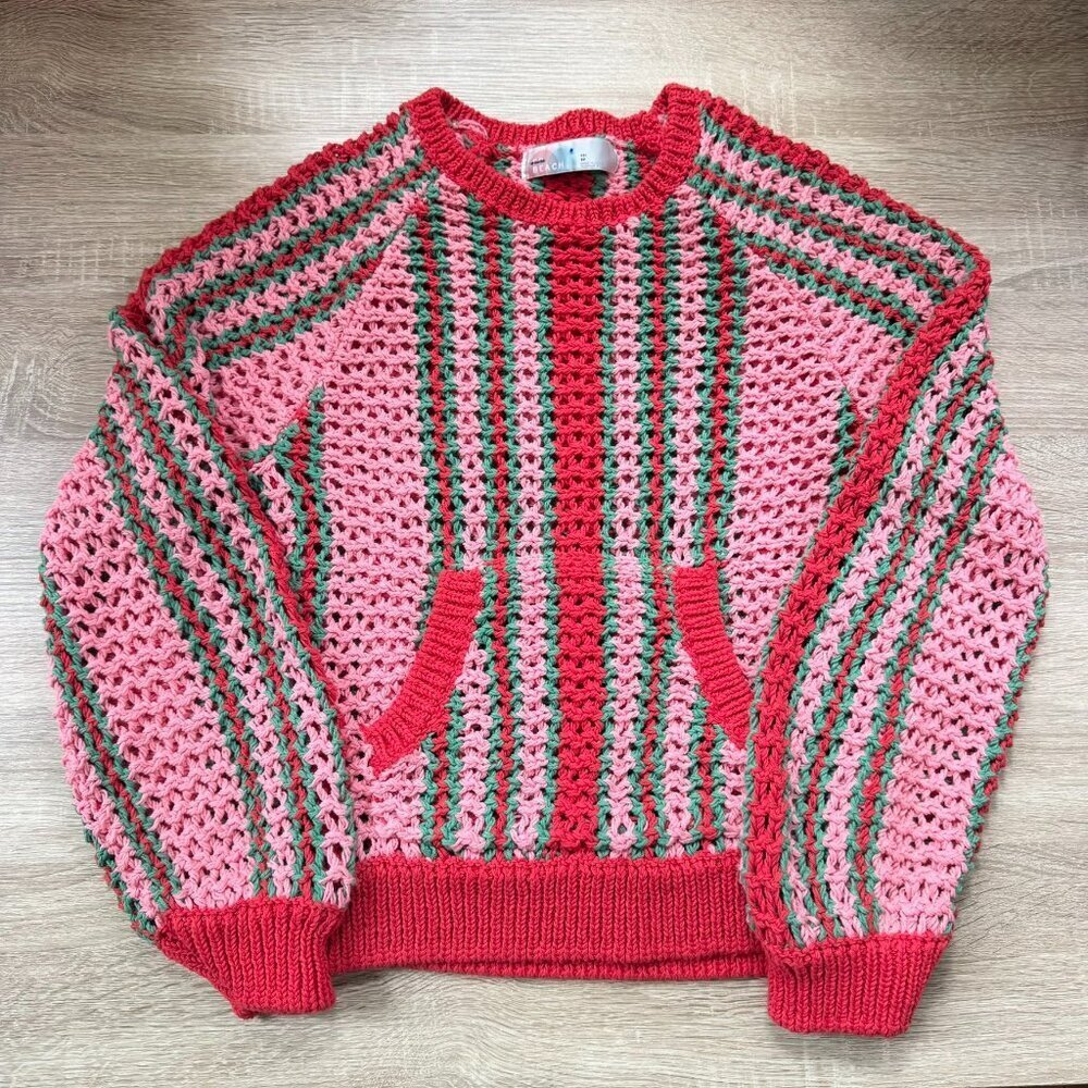 New Free People Dayton Pullover Crochet Knit Striped Sweater Red Pink XS